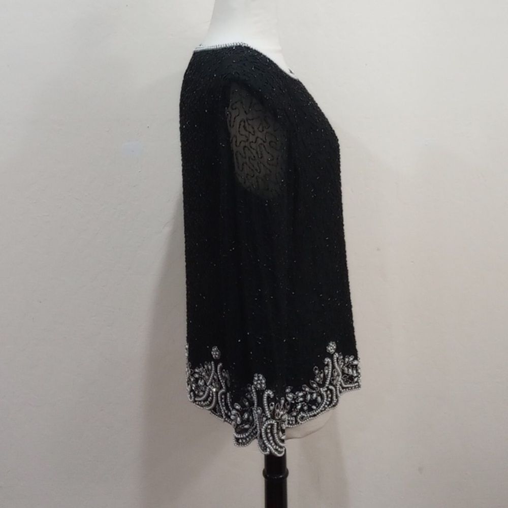 Vintage Lawrence Kazar Paris/New York Black Beaded Pearl Silk Blouse, Size 10 - Picture 8 of 11
